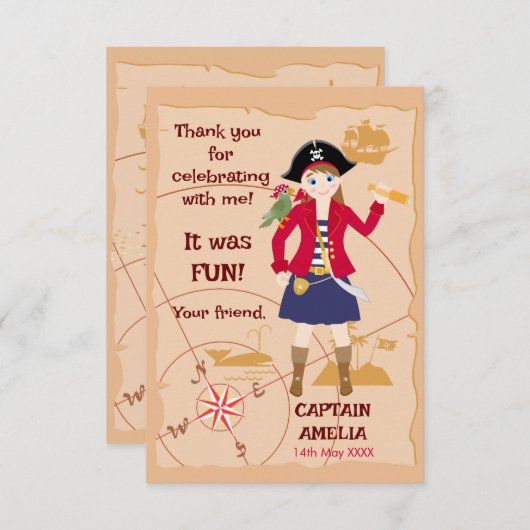 Pirate Meisje Schatkaart Leuk Verjaardagsfeest Bedankkaart (Voorkant / Achterkant)