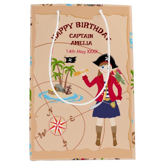 Pirate Meisje Schatkaart Leuk Verjaardagsfeest Medium Cadeauzakje (Voorkant)