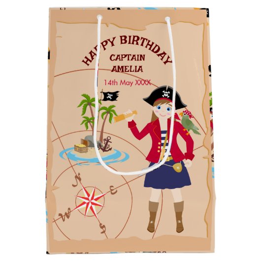 Pirate Meisje Schatkaart Leuk Verjaardagsfeest Medium Cadeauzakje (Achterkant)