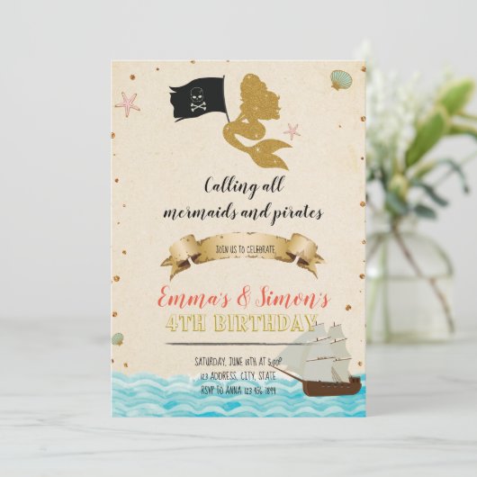 Pirate Mermaid Invitation Kaart (Staand voorkant)