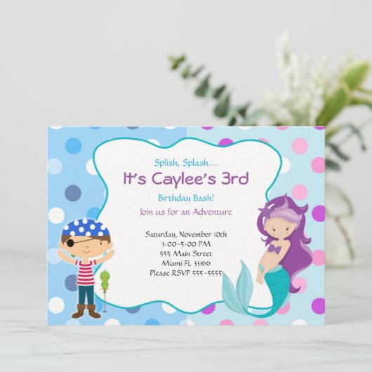 Pirate Mermaid Invitation Kids Birthday Party Kaart (Staand voorkant)