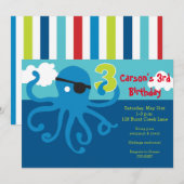 Pirate Octopus 3rd Birthday Swim Party Invite Kaart (Voorkant / Achterkant)