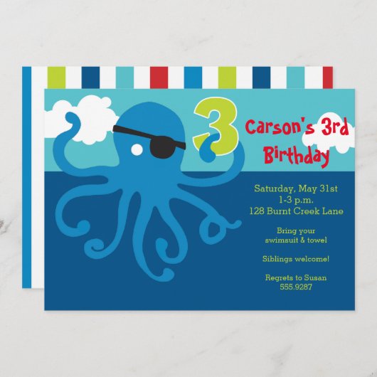 Pirate Octopus 3rd Birthday Swim Party Invite Kaart (Voorkant / Achterkant)