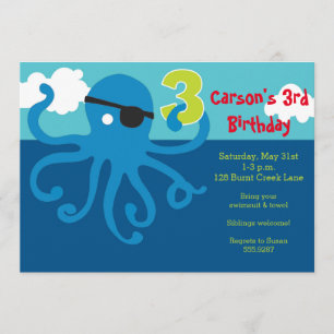 Pirate Octopus 3rd Birthday Swim Party Invite Kaart