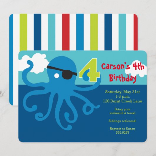 Pirate Octopus 4th Birthday Swim Party Invite Kaart (Voorkant / Achterkant)