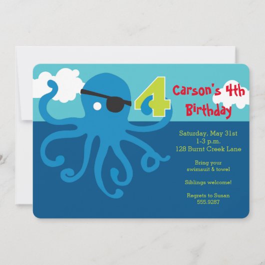 Pirate Octopus 4th Birthday Swim Party Invite Kaart (Voorkant)