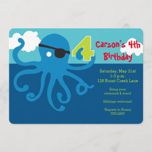 Pirate Octopus 4th Birthday Swim Party Invite Kaart