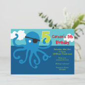 Pirate Octopus 5th Birthday Swim Party Uitnodigen Kaart (Staand voorkant)