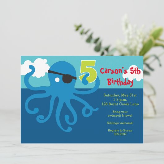 Pirate Octopus 5th Birthday Swim Party Uitnodigen Kaart (Staand voorkant)