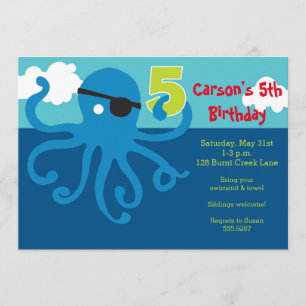 Pirate Octopus 5th Birthday Swim Party Uitnodigen Kaart
