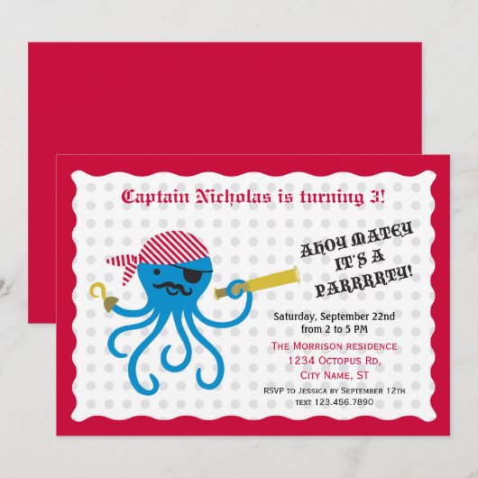 Pirate Octopus Birthday Party Invitation Kaart (Voorkant / Achterkant)