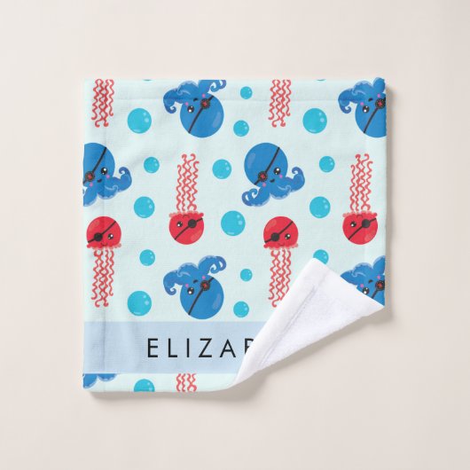 Pirate Octopus, Pirate Jellyfish, Zee, Jouw naam Bad Handdoek (Wasdoekje)