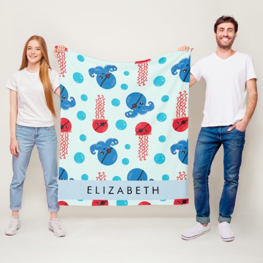 Pirate Octopus, Pirate Jellyfish, Zee, Jouw naam Fleece Deken (In situ)