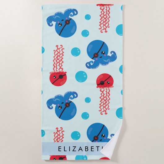 Pirate Octopus, Pirate Jellyfish, Zee, Jouw naam Strandlaken (Voorkant)