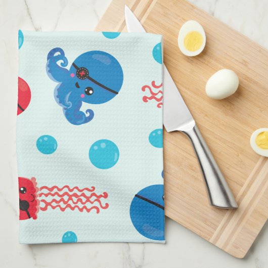 Pirate Octopus, Pirate Jellyfish, Zee, Jouw naam Theedoek (Quarter Fold)