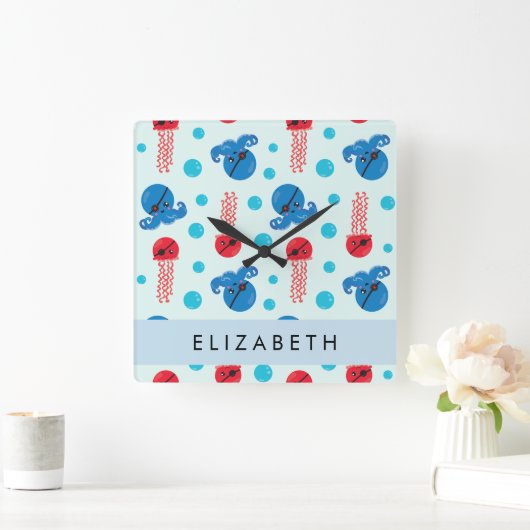 Pirate Octopus, Pirate Jellyfish, Zee, Jouw naam Vierkante Klok (Huis)