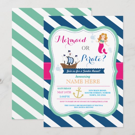 Pirate of Mermaid Baby shower onthullen Uitnodigen Kaart (Voorkant / Achterkant)