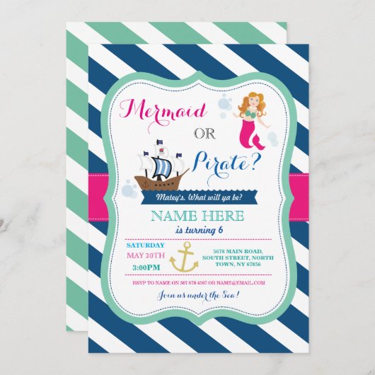 Pirate of Mermaid Elke Age Birthday Party nodigt u Kaart (Voorkant / Achterkant)
