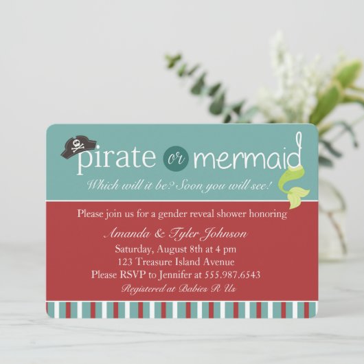 Pirate of Mermaid Gender onthullen Baby shower Inv Kaart (Staand voorkant)