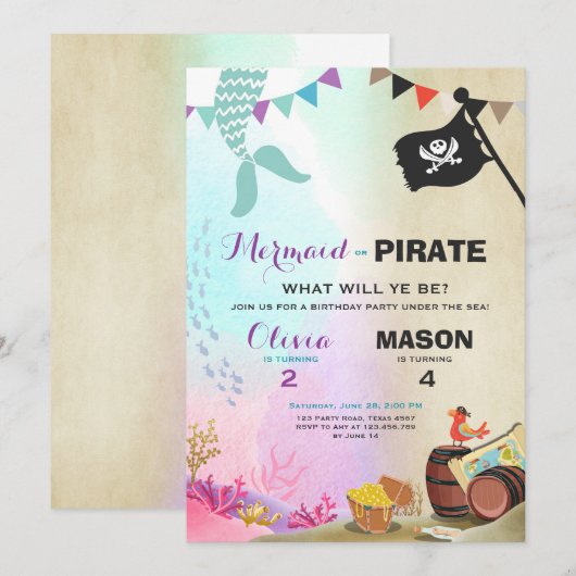 Pirate- of Mermaid-verjaardagsuitnodiging Siblings Kaart (Voorkant / Achterkant)