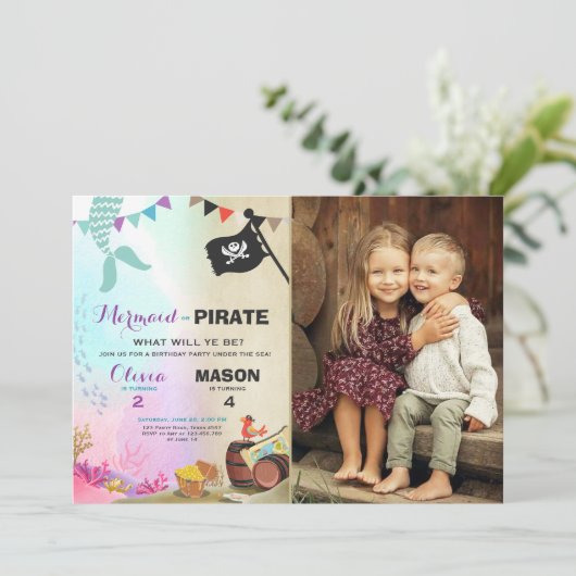 Pirate of Zeemeermin uitnodiging voor verjaardag B (Staand voorkant)