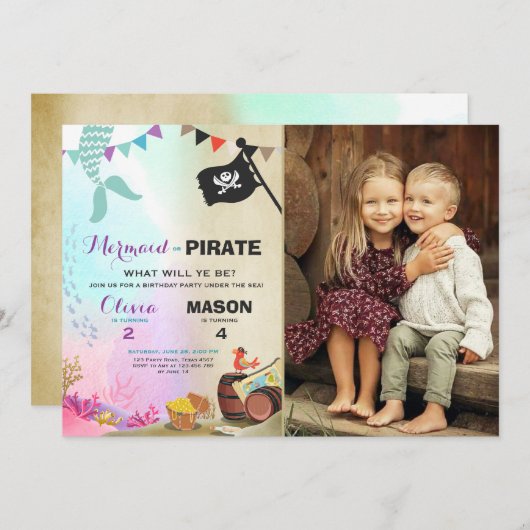 Pirate of Zeemeermin uitnodiging voor verjaardag B (Voorkant / Achterkant)