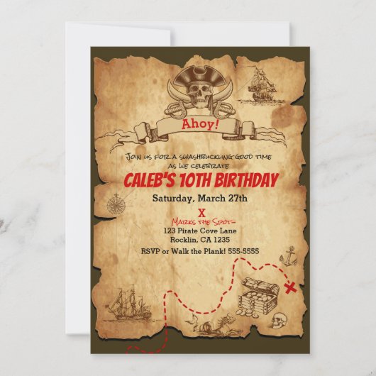 Pirate Old Treasure Map Birthday Party Kaart (Voorkant)