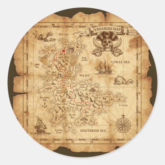 Pirate Old  Treasure Map Birthday Party Ronde Sticker (Voorkant)