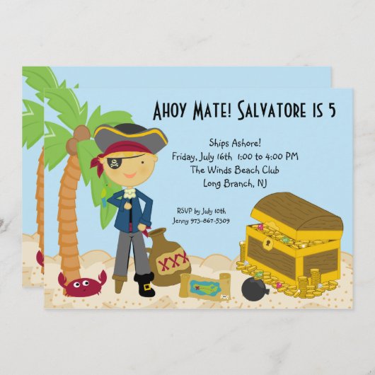 Pirate op een eiland - uitnodiging ter gelegenheid (Voorkant / Achterkant)
