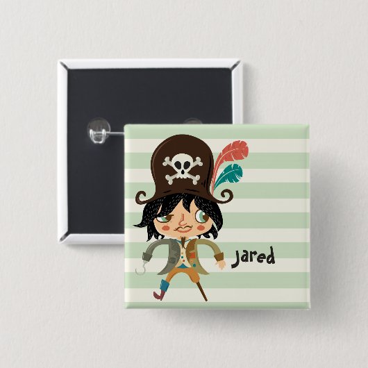 Pirate op pastel groene strepen vierkante button 5,1 cm (Voorkant /achterkant)