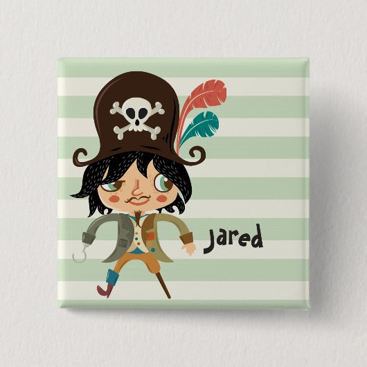 Pirate op pastel groene strepen vierkante button 5,1 cm (Voorkant)