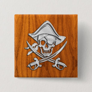 Pirate op Teak Wood Style Vierkante Button 5,1 Cm
