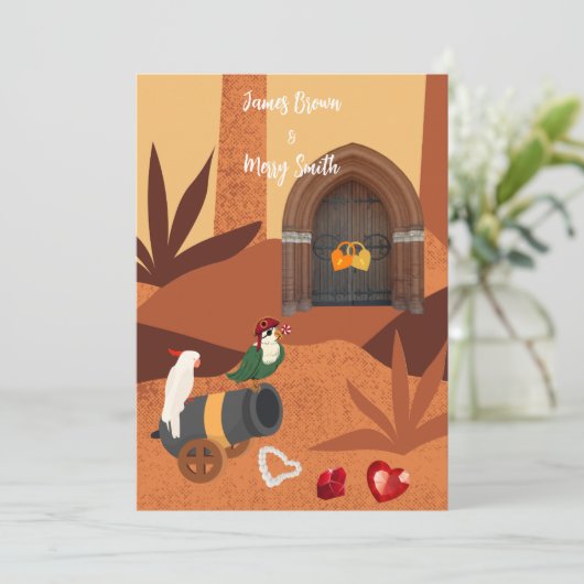 Pirate Papegaaien Treasure van het Hart Bruiloft Kaart (Staand voorkant)