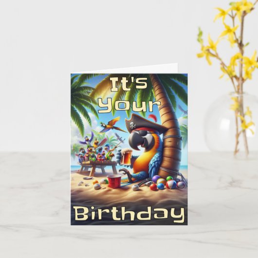 Pirate Parrot Verjaardag Kaart – Tropische Fun Vib (Gele Bloem)
