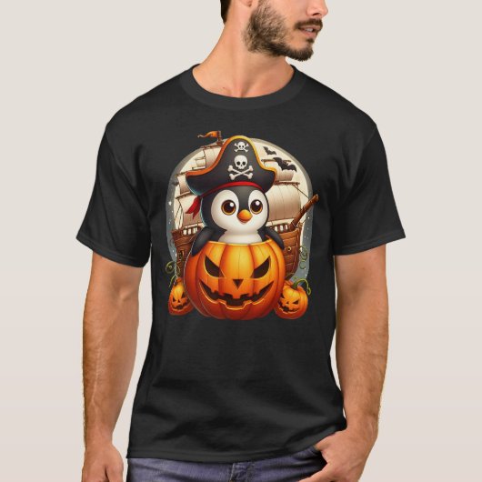 Pirate Penguin in a Halloween Pumpkin Ship T-shirt (Voorkant)