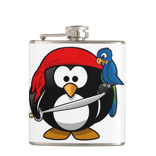 Pirate Penguin met een Red Bandanna en een Parrot Heupfles (Voorkant)