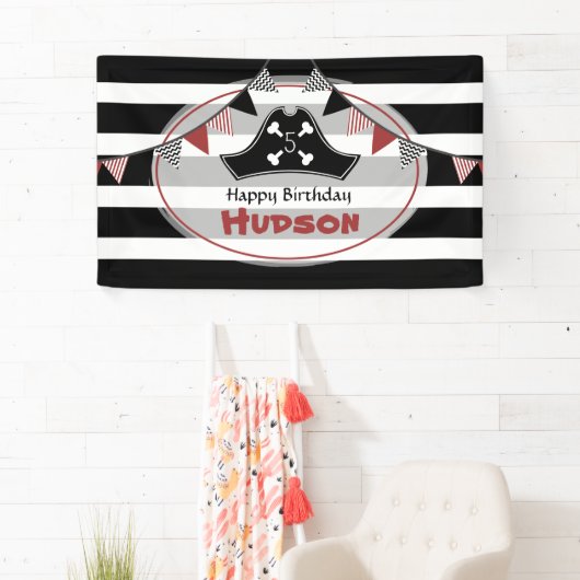 Pirate Pet zwart + witte strepen Verjaardag Spandoek (Insitu)