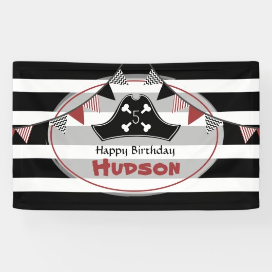 Pirate Pet zwart + witte strepen Verjaardag Spandoek (Horizontaal)