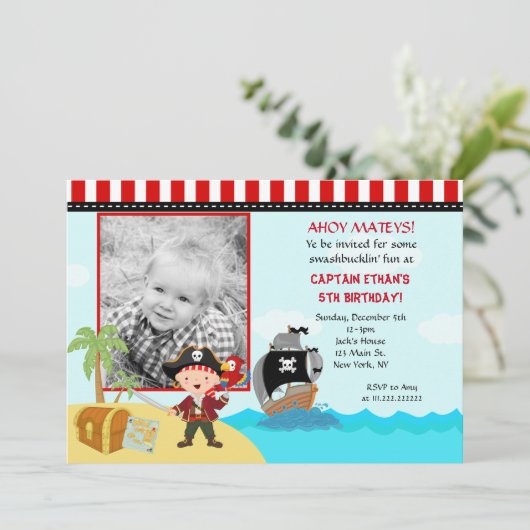 Pirate Photo Birthday Party Invitations Kaart (Staand voorkant)