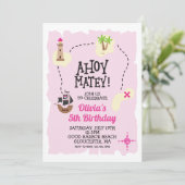 Pirate Pink Treasure kaart Verjaardag Uitnodiging (Staand voorkant)