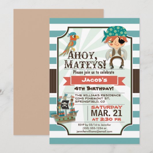 Pirate, piratenschip thema verjaardagsfeest kaart (Voorkant / Achterkant)
