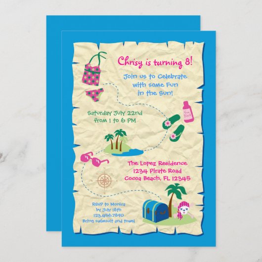 Pirate Pool Party Birthday Invitation Kaart (Voorkant / Achterkant)