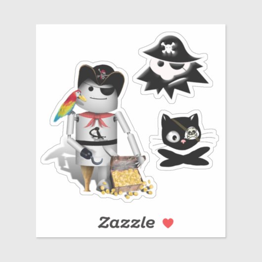 Pirate Robot, Kat en Kind 3 Pack Sticker (Vel)