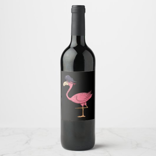 Pirate roze flamingo met epatch halloween wijn etiket (Voorkant)