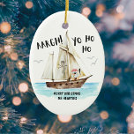 Pirate Santa Schip Grappige nautische Kerstmis Keramisch Ornament<br><div class="desc">Ahoy me harties! Voeg een beetje humor toe aan de feestdagen met dit leuke kerstornament met een piraat Santa die het zee in zijn schip vaart. Personaliseer het met je eigen groet voor een uniek cadeau of om aan je eigen boom te hangen. Je kunt het schip zelfs een naam...</div>