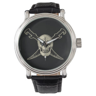 Pirate (schedel) - Custom Zwart  Leder Horloge