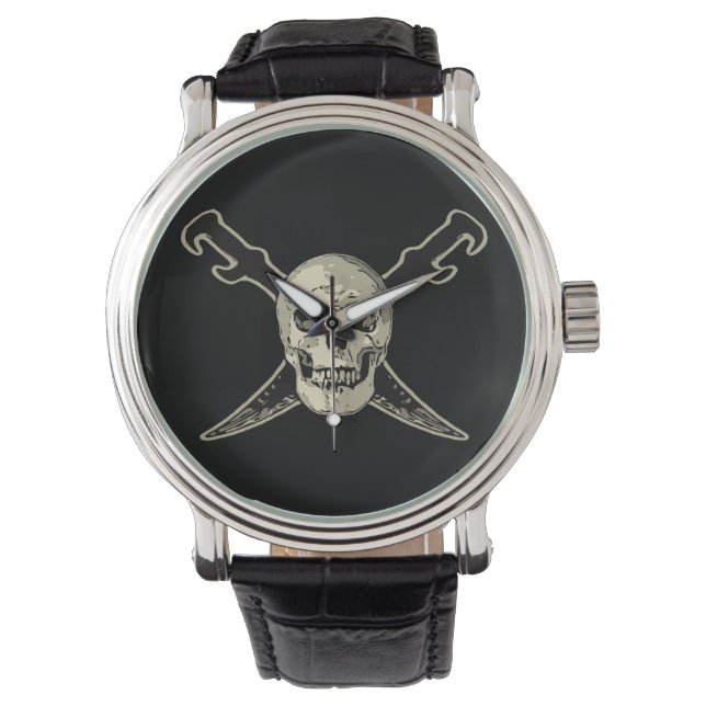 Pirate (schedel) - Custom Zwart  Leder Horloge (Voorkant)