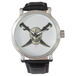 Pirate (schedel) - Custom Zwart  Leder Horloge
