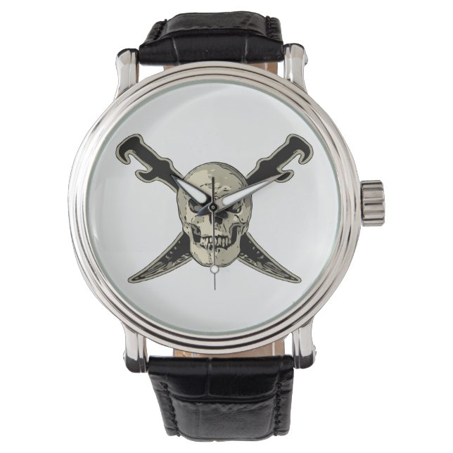 Pirate (schedel) - Custom Zwart  Leder Horloge (Voorkant)