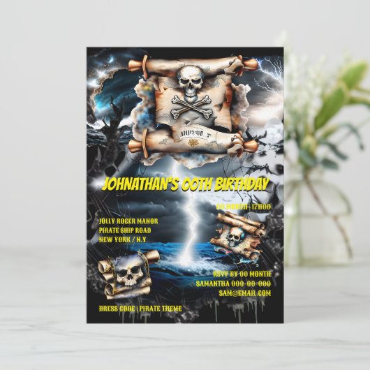 Pirate schedel schatkaart storm bij zee kaart (Staand voorkant)